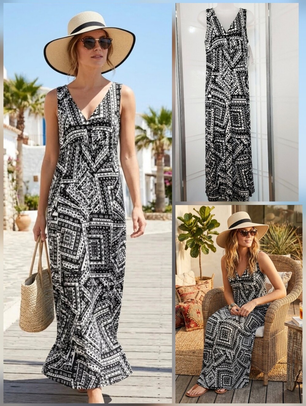 ❤️Jane Ashley❤ black & white Bohemian print sleeveless maxi dress 🤍MEDIUM *NEW!